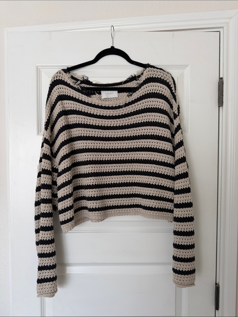 Lucky Brand Black and Cream Striped Crochet Sweater